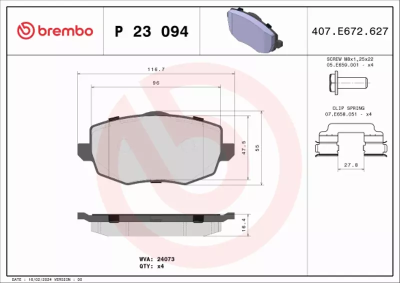 BREMBO Zestaw klocków hamulcowych, hamulce tarczowe P 23 094 