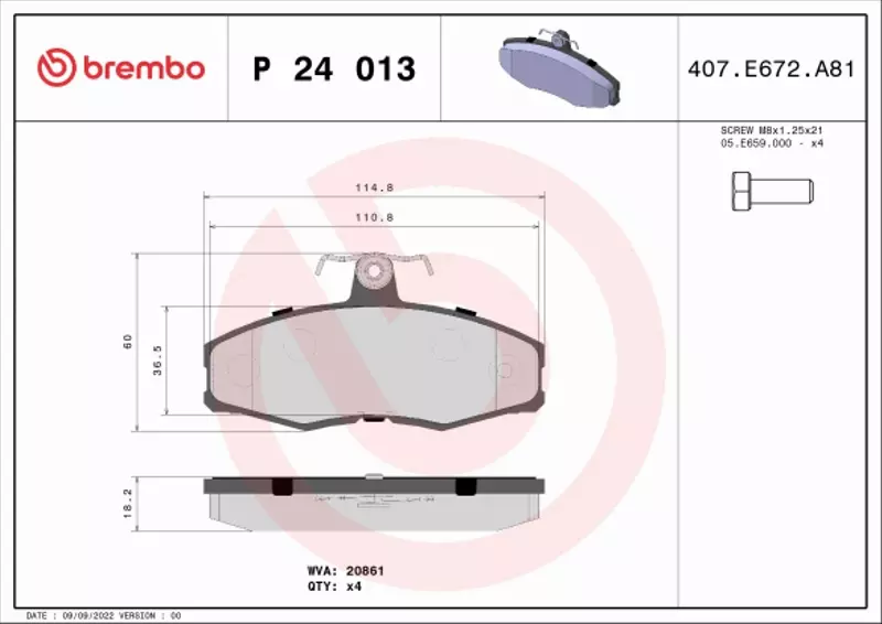 BREMBO Zestaw klocków hamulcowych, hamulce tarczowe P 24 013 