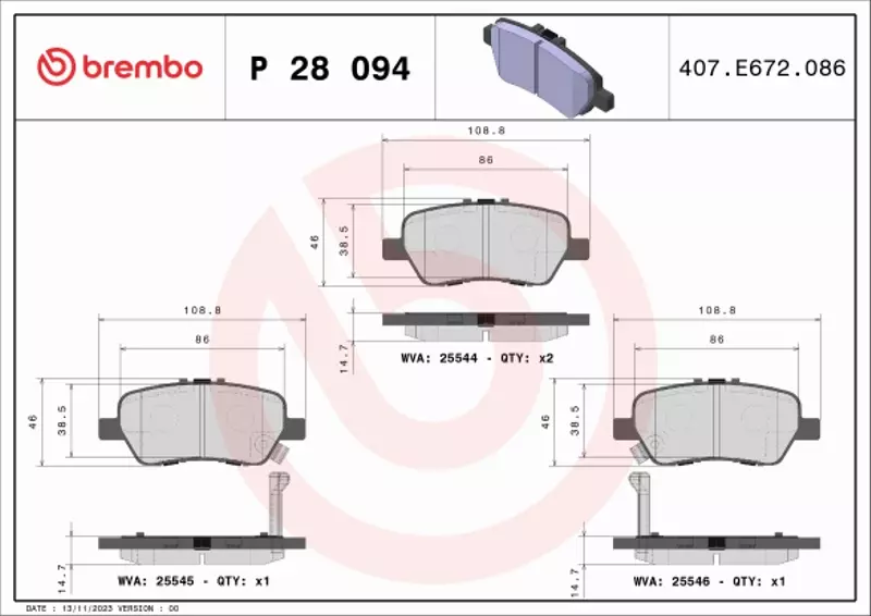 BREMBO Zestaw klocków hamulcowych, hamulce tarczowe P 28 094 