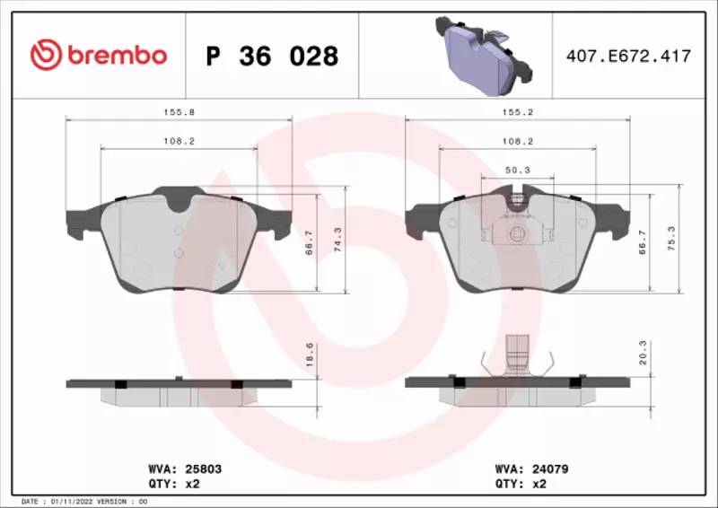 BREMBO Zestaw klocków hamulcowych, hamulce tarczowe P 36 028 