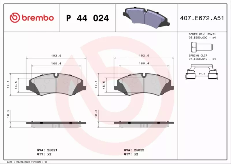 BREMBO Zestaw klocków hamulcowych, hamulce tarczowe P 44 024 