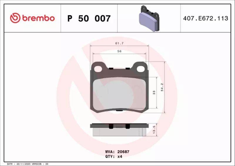 BREMBO Zestaw klocków hamulcowych, hamulce tarczowe P 50 007 