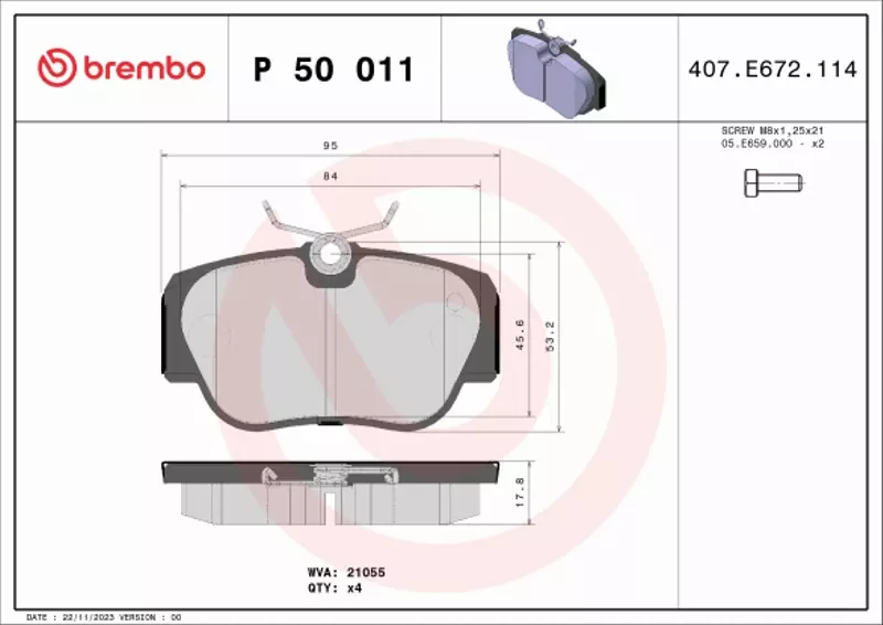 BREMBO Zestaw klocków hamulcowych, hamulce tarczowe P 50 011 