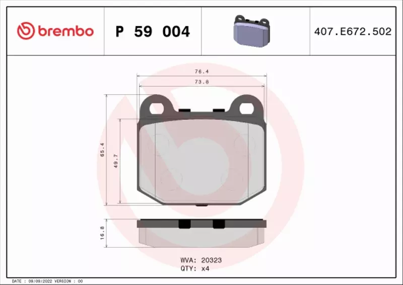 BREMBO Zestaw klocków hamulcowych, hamulce tarczowe P 59 004 