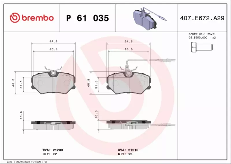 BREMBO KLOCKI HAMULCOWE PRZÓD P 61 035 