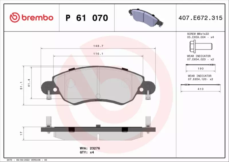 BREMBO Zestaw klocków hamulcowych, hamulce tarczowe P 61 070 