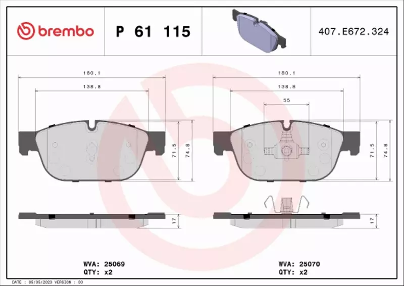 BREMBO Zestaw klocków hamulcowych, hamulce tarczowe P 61 115 