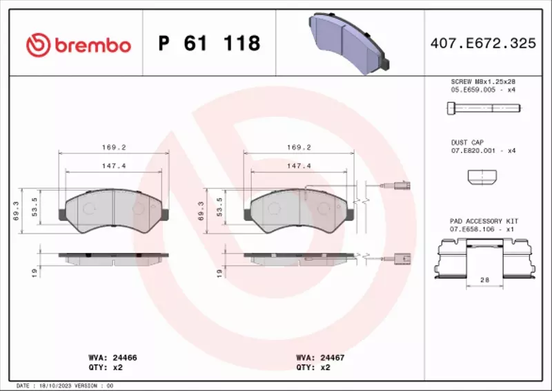 BREMBO Zestaw klocków hamulcowych, hamulce tarczowe P 61 118 