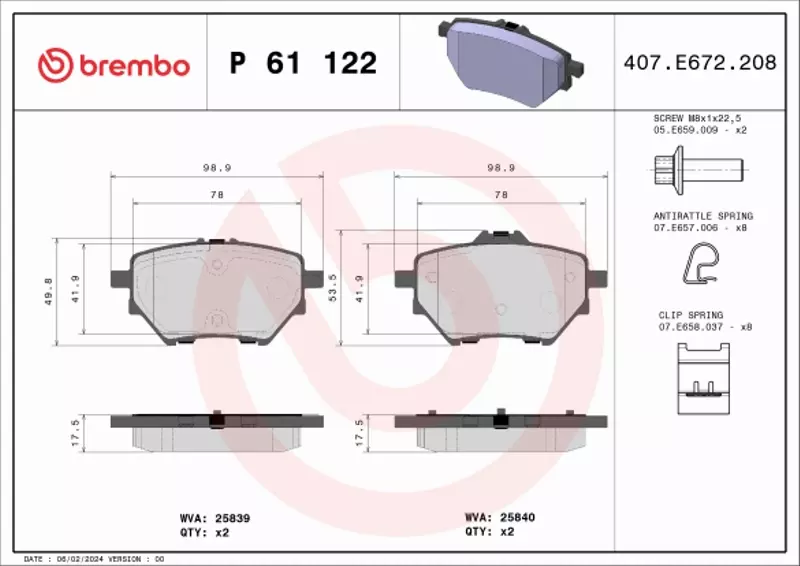 BREMBO Zestaw klocków hamulcowych, hamulce tarczowe P 61 122 