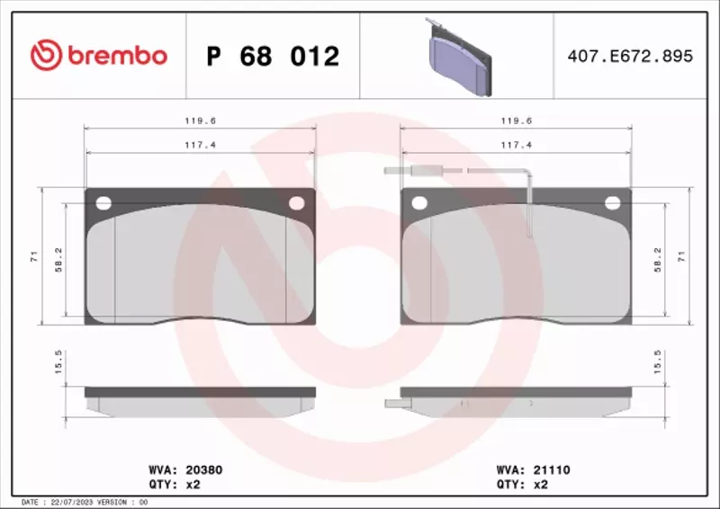 BREMBO Zestaw klocków hamulcowych, hamulce tarczowe P 68 012 