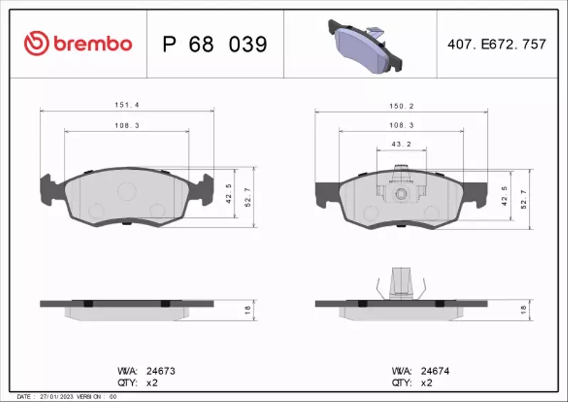 BREMBO Zestaw klocków hamulcowych, hamulce tarczowe P 68 039 