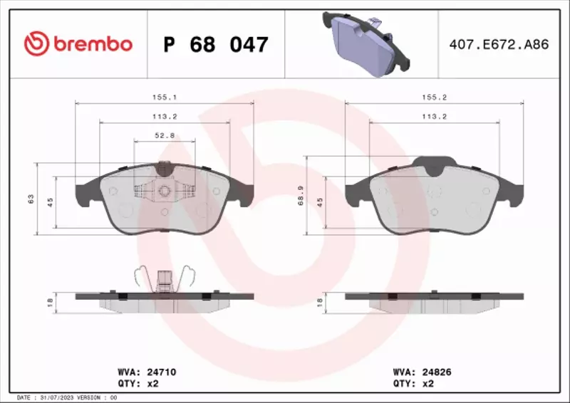 BREMBO Zestaw klocków hamulcowych, hamulce tarczowe P 68 047 