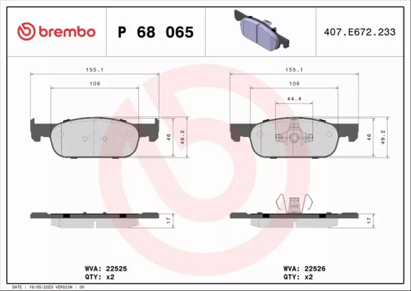 BREMBO Zestaw klocków hamulcowych, hamulce tarczowe P 68 065 