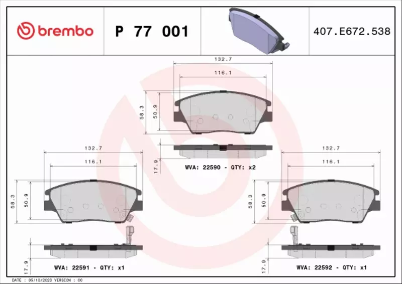 BREMBO Zestaw klocków hamulcowych, hamulce tarczowe P 77 001 