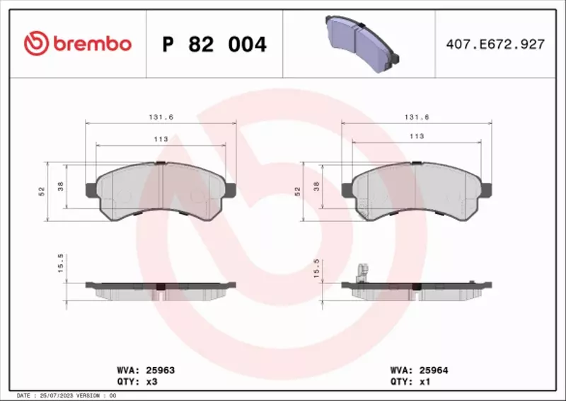 BREMBO Zestaw klocków hamulcowych, hamulce tarczowe P 82 004 