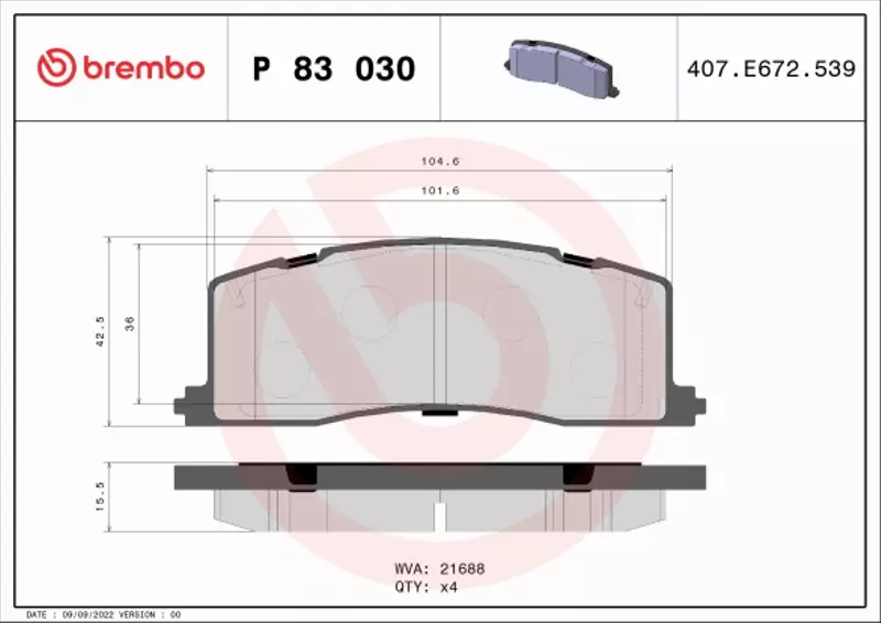 BREMBO Zestaw klocków hamulcowych, hamulce tarczowe P 83 030 