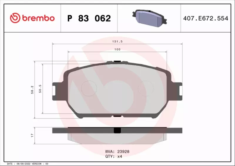 BREMBO Zestaw klocków hamulcowych, hamulce tarczowe P 83 062 