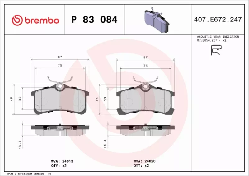 BREMBO Zestaw klocków hamulcowych, hamulce tarczowe P 83 084 