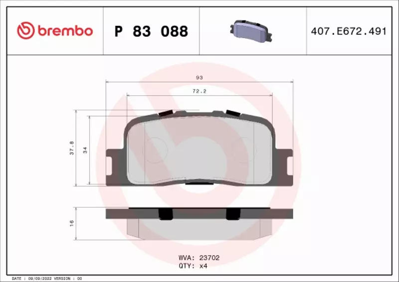 BREMBO Zestaw klocków hamulcowych, hamulce tarczowe P 83 088 