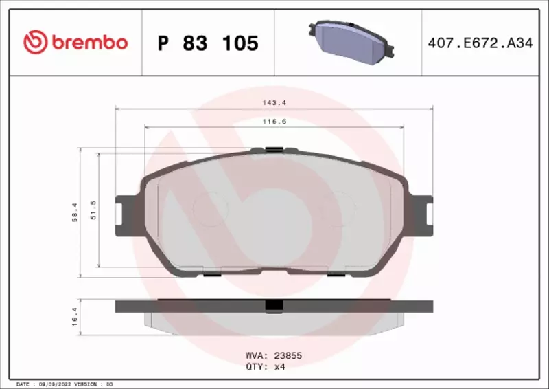 BREMBO Zestaw klocków hamulcowych, hamulce tarczowe P 83 105 