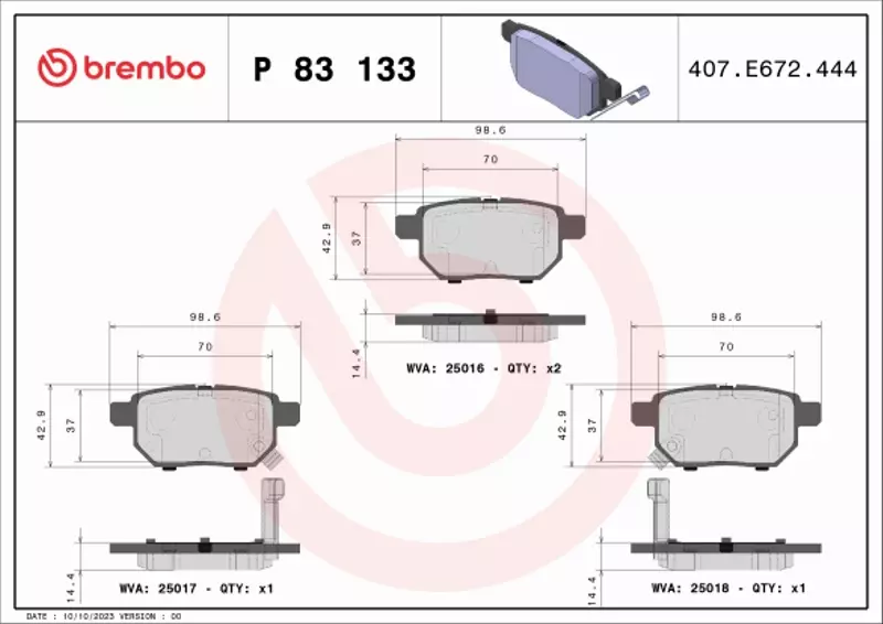 BREMBO Zestaw klocków hamulcowych, hamulce tarczowe P 83 133 