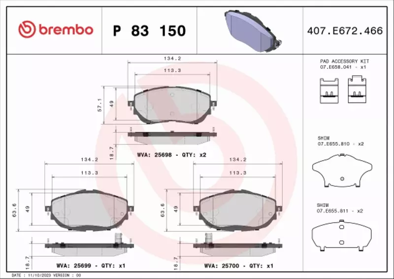 BREMBO Zestaw klocków hamulcowych, hamulce tarczowe P 83 150 