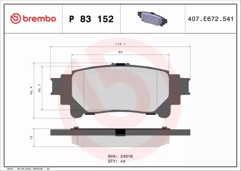 BREMBO Zestaw klocków hamulcowych, hamulce tarczowe P 83 152 