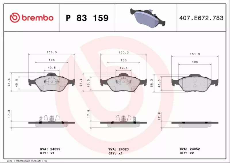 BREMBO Zestaw klocków hamulcowych, hamulce tarczowe P 83 159 