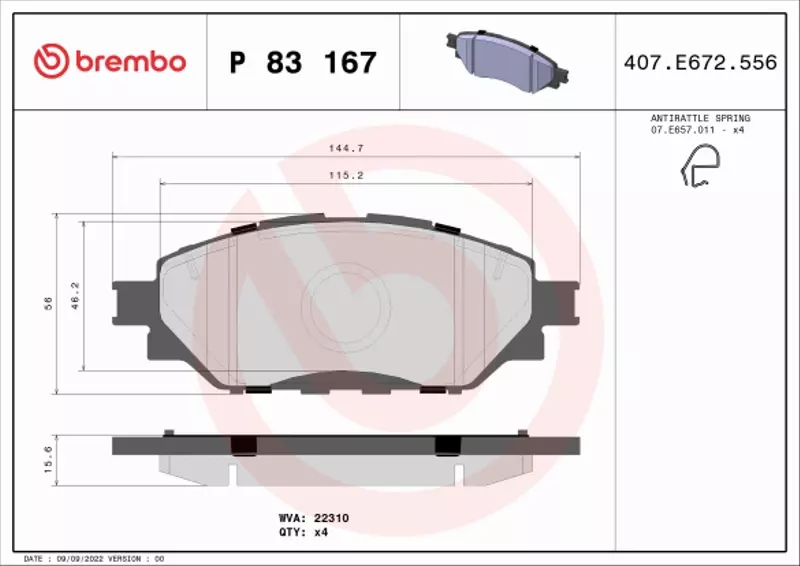 BREMBO Zestaw klocków hamulcowych, hamulce tarczowe P 83 167 