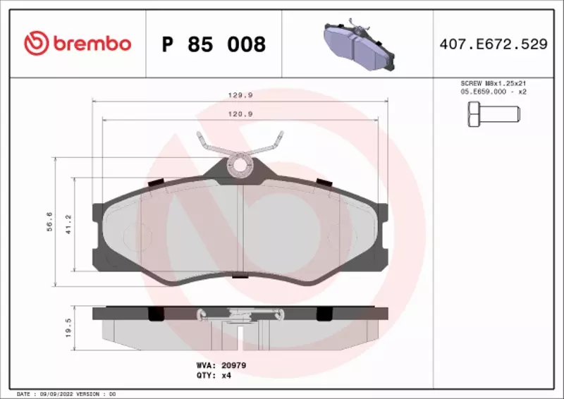 BREMBO Zestaw klocków hamulcowych, hamulce tarczowe P 85 008 