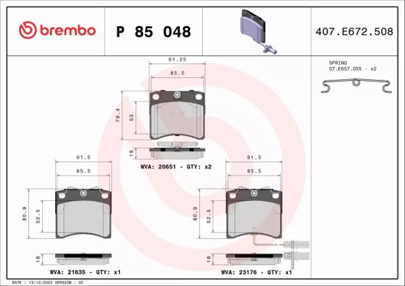 BREMBO Zestaw klocków hamulcowych, hamulce tarczowe P 85 048 