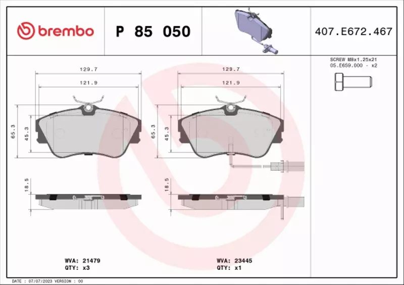 BREMBO Zestaw klocków hamulcowych, hamulce tarczowe P 85 050 