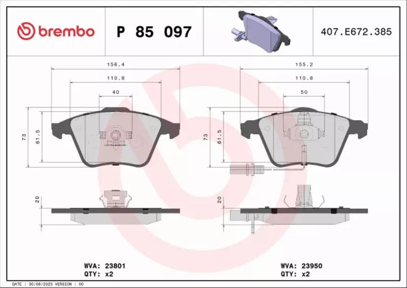 BREMBO Zestaw klocków hamulcowych, hamulce tarczowe P 85 097 