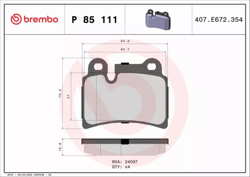 BREMBO Zestaw klocków hamulcowych, hamulce tarczowe P 85 111 