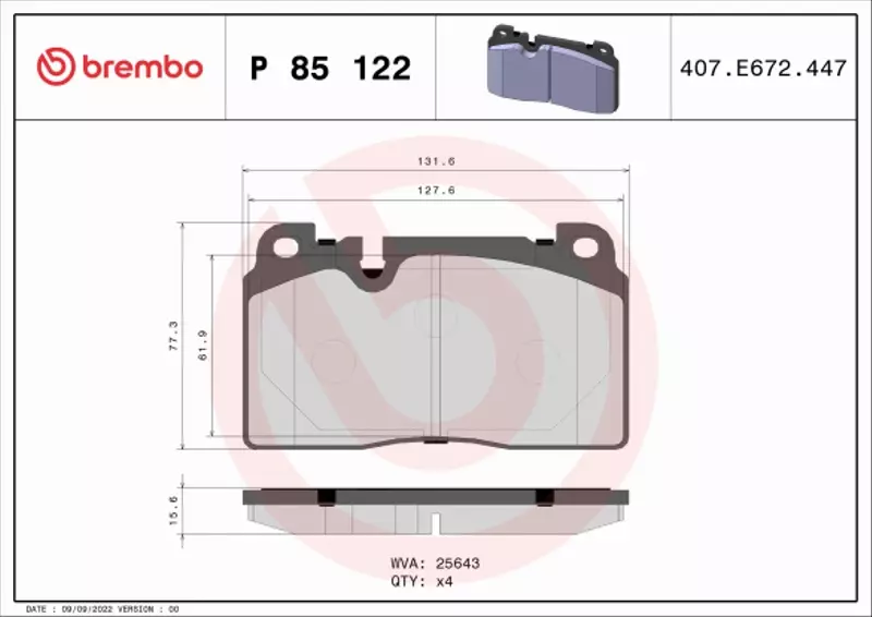 BREMBO Zestaw klocków hamulcowych, hamulce tarczowe P 85 122 