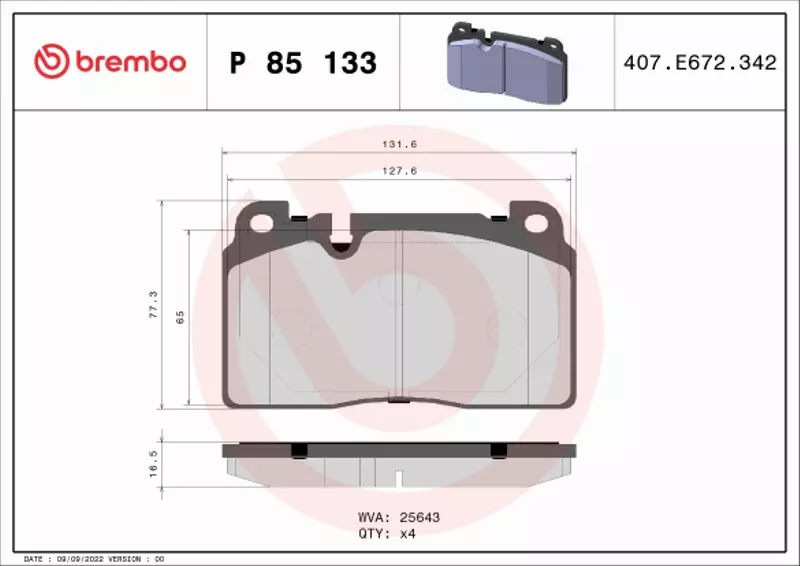 BREMBO Zestaw klocków hamulcowych, hamulce tarczowe P 85 133 