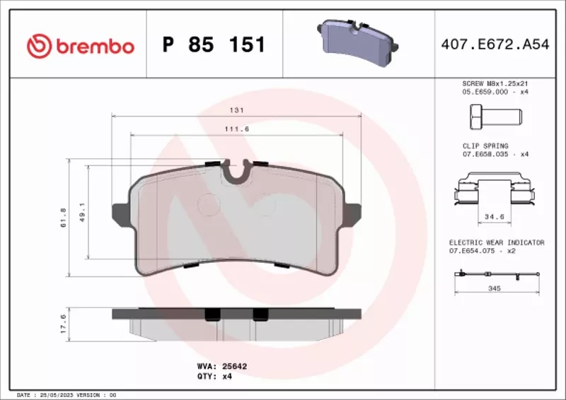 BREMBO Zestaw klocków hamulcowych, hamulce tarczowe P 85 151 