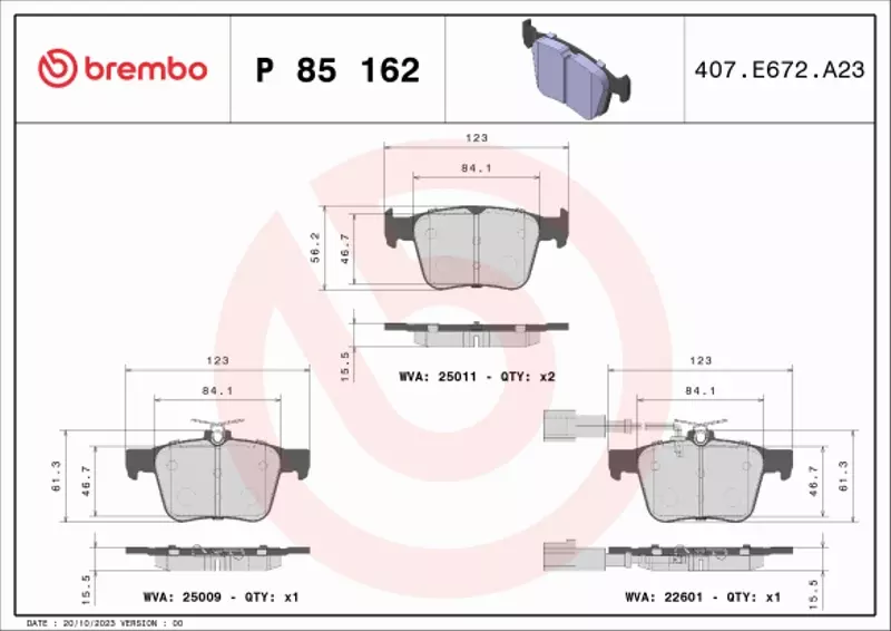 BREMBO Zestaw klocków hamulcowych, hamulce tarczowe P 85 162 