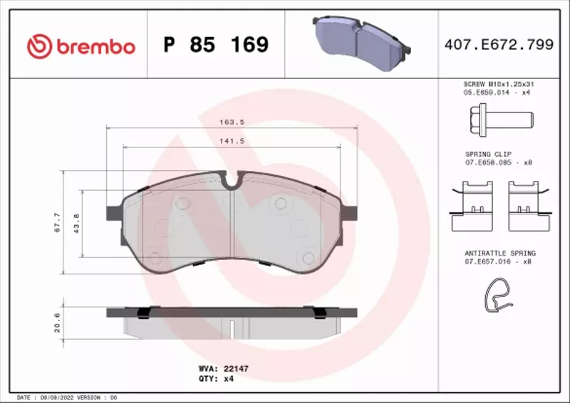 BREMBO Zestaw klocków hamulcowych, hamulce tarczowe P 85 169 