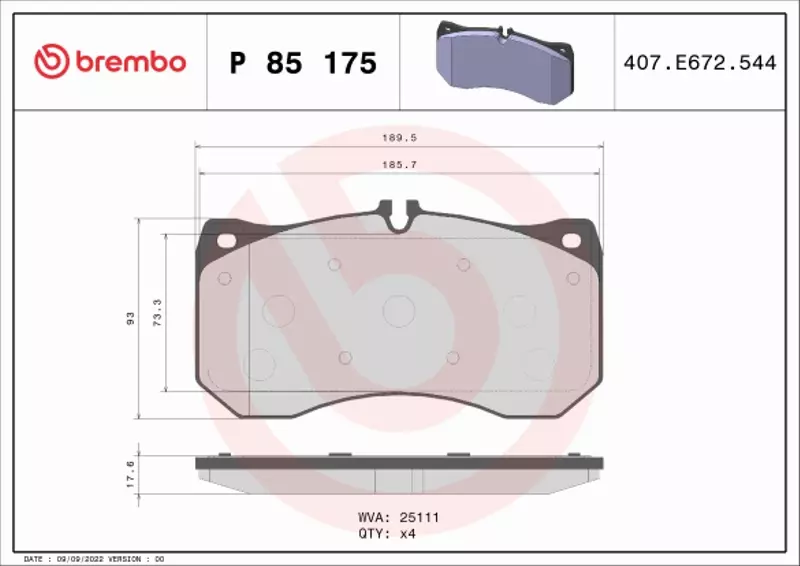 BREMBO Zestaw klocków hamulcowych, hamulce tarczowe P 85 175 