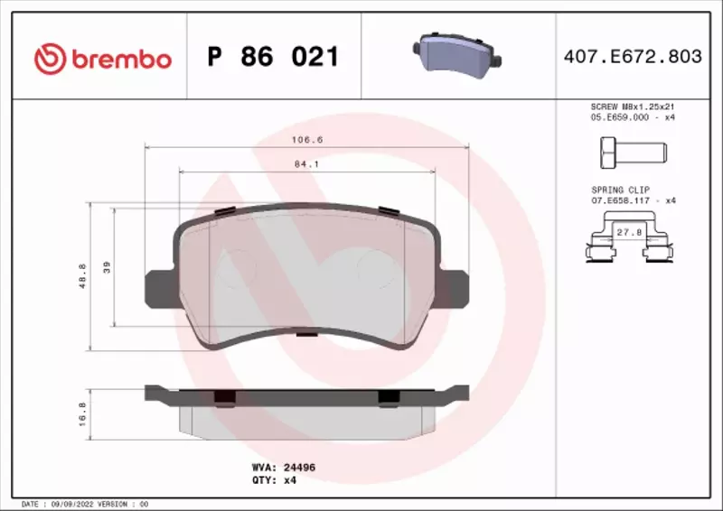 BREMBO Zestaw klocków hamulcowych, hamulce tarczowe P 86 021 