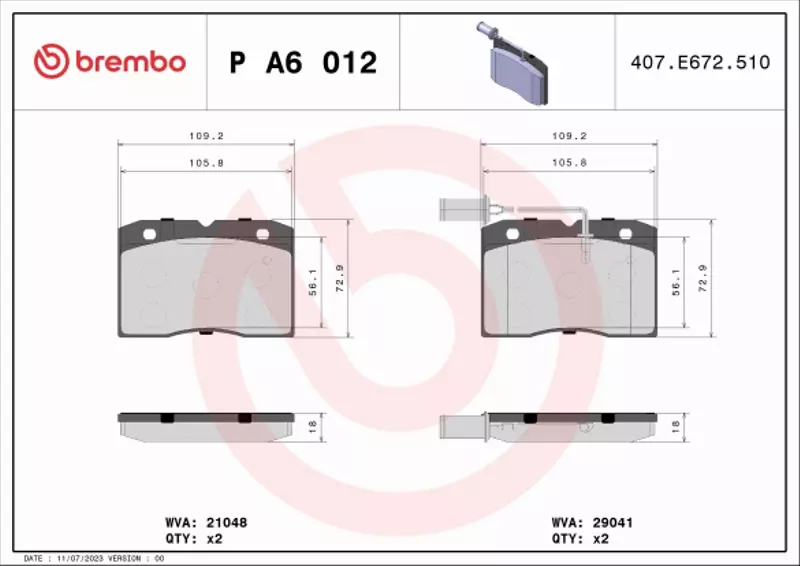 BREMBO Zestaw klocków hamulcowych, hamulce tarczowe P A6 012 