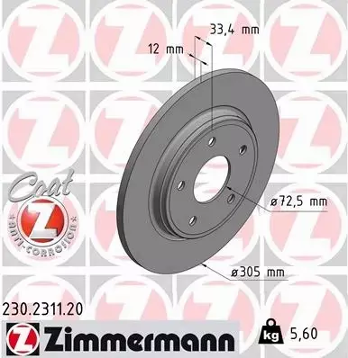 ZIMMERMANN TARCZE HAMULCOWE TYŁ 230.2311.20 