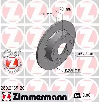 ZIMMERMANN TARCZE HAMULCOWE TYŁ 280.3169.20 