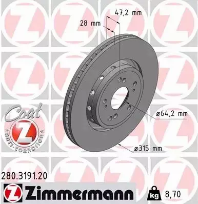 ZIMMERMANN TARCZE HAMULCOWE PRZÓD 280.3191.20 