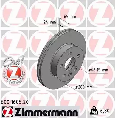 ZIMMERMANN TARCZE HAMULCOWE PRZÓD 600.1605.20 