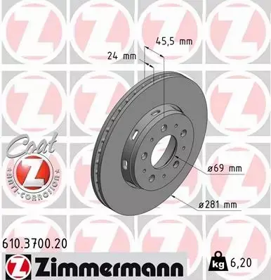 ZIMMERMANN TARCZE HAMULCOWE PRZÓD 610.3700.20 