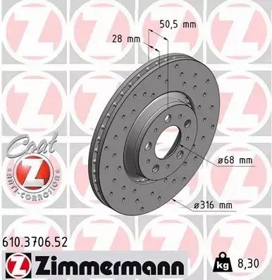 ZIMMERMANN TARCZE HAMULCOWE SPORT PRZÓD 610.3706.52 