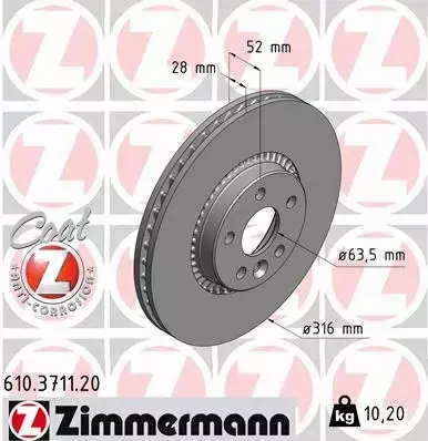 ZIMMERMANN TARCZE HAMULCOWE PRZÓD 610.3711.20 