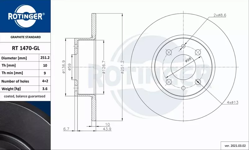 ROTINGER TARCZA HAMULCOWA RT 1470-GL 